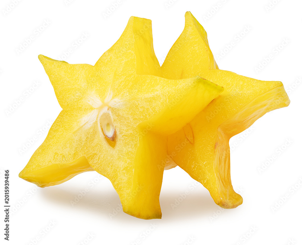 Fototapeta premium Two slices of star fruit or carambola isolated on white background with clipping path.