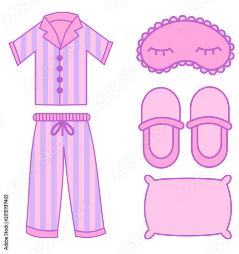 Set of pink elements with pajama, sleep masks, home slippers and pillow.Sleep time symbols.Sign, symbol, icon and logo isolated.Pajama party stickers.Cute nightwear.Cartoon vector illustration.