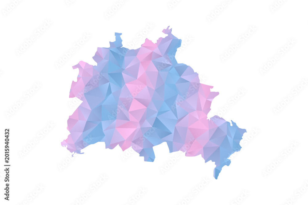 Fototapeta premium Berlin Map - Polygon Style Vector Illustration in Pastel Blue and Pink Gradient, Low Poly Geometric Design, Isolated on White Background for Infographics and Education.