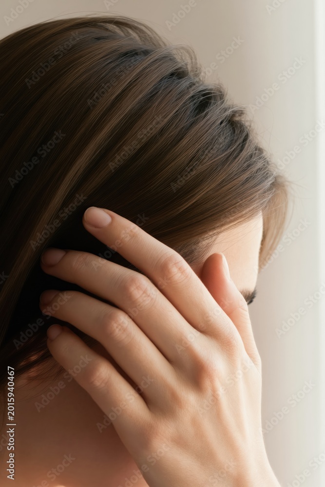 Fototapeta premium Woman touches hairline showing thinning hair and scalp. Gentle hand motion suggests concern or self examination for hair loss treatment and scalp care.