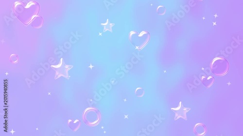 ゆめかわいい3Dガラスのハートと星が浮かぶループ背景動画（ブルー＆パープル）