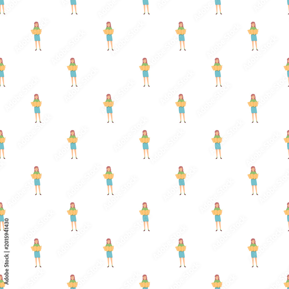 Fototapeta premium Young woman holding a map looking for directions creating a seamless pattern