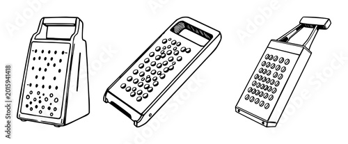 Tableau sur toile Handheld grater set with black line art and white background featuring kitchen u