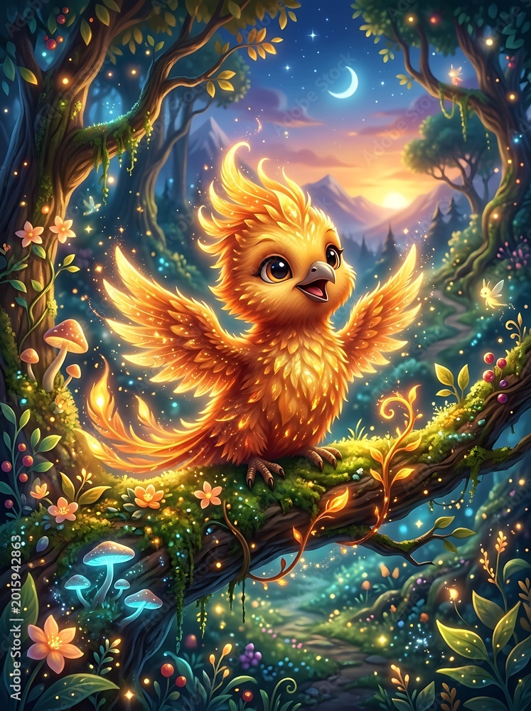 Fototapeta premium Mythical phoenix sits among enchanted flora under moonlit sky