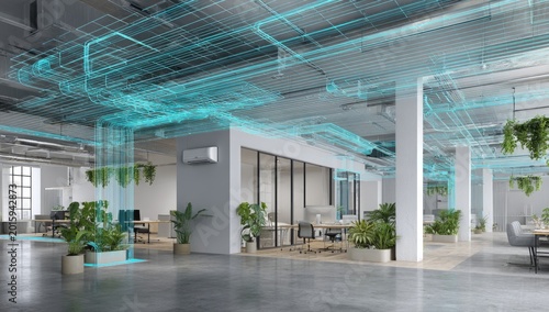 Modern office space with integrated digital HVAC system projection