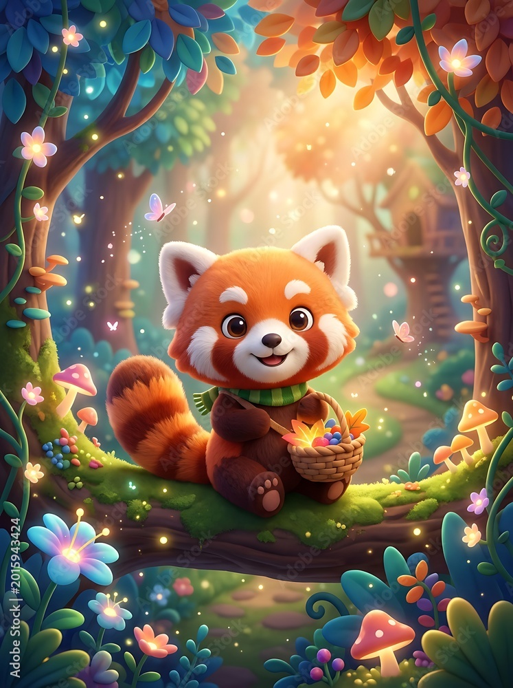 Fototapeta premium Adorable red panda in enchanted forest with glowing flora and fluttering butterflies