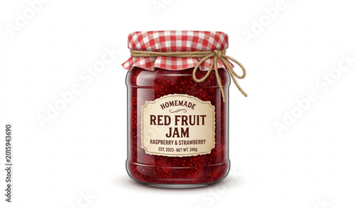 Fotografía Glass jar of strawberry jam realistic sweet fruit spread vector isolated on whit