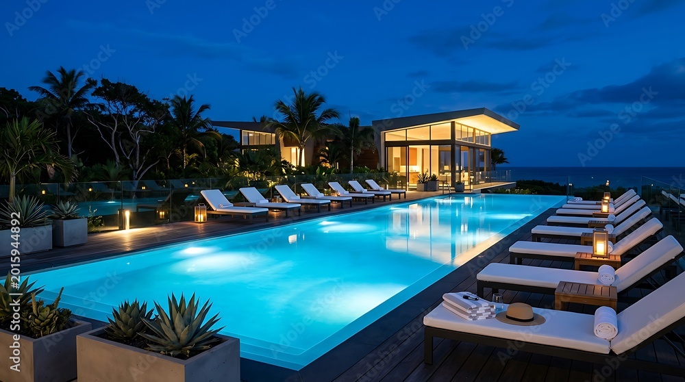 Fototapeta premium Elegant evening pool scene at luxury beach resort