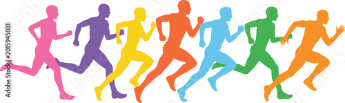 Foto Colorful overlapping silhouettes of male runners sprinting in a marathon race flat vector illustration isolated on a solid white background