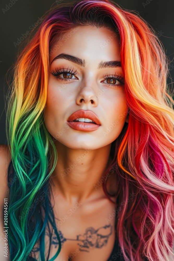 Fototapeta premium A woman with colorful hair and a tattoo on her chest