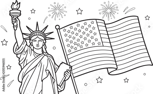 Art Independence Day Celebration Vector Illustration - Statue of Liberty and USA Flag Line Art& Illustration