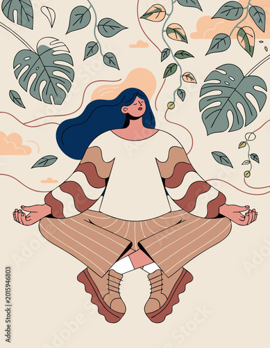 Funny vector illustration of a woman meditate