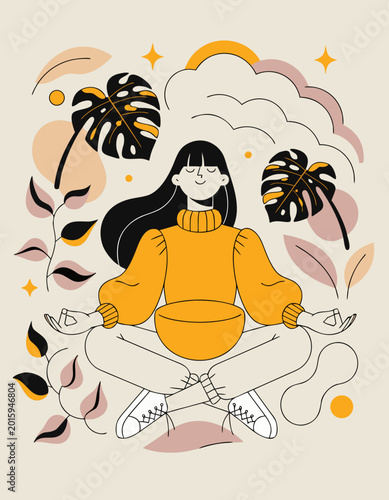 Funny vector illustration of a woman meditate