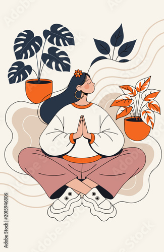 Funny vector illustration of a woman meditate