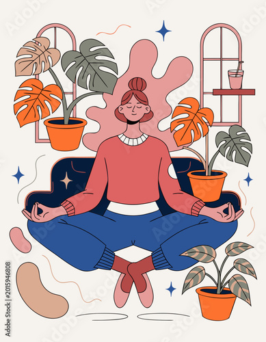 Funny vector illustration of a woman meditate
