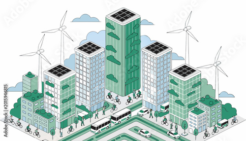 Isometric city building vector illustration with urban architecture and skyscrapers