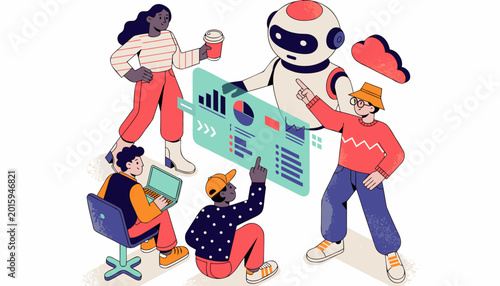 A cartoon character featuring working with technology