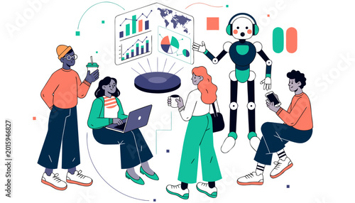 vector illustration of a group of people work with AI