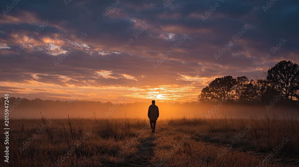 Obraz premium Solitary figure walks towards glowing sunrise through foggy field