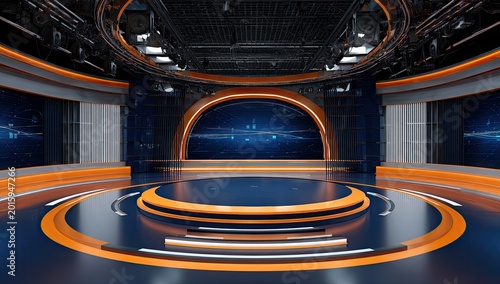Futuristic, modern studio with glowing orange accents and large screen