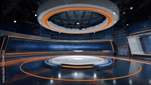 Futuristic broadcast studio with central circular stage and glowing orange accents