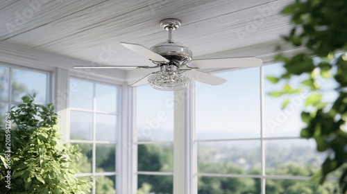 White blades, chrome fixture, and crystal detail on ceiling fan