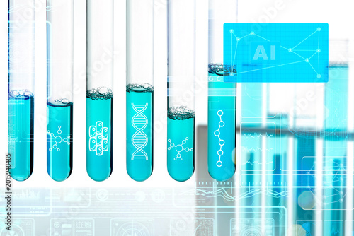 Test tubes with blue liquid and digital interface showing DNA, molecular structures and AI data analysis in laboratory, biotechnology, genetics and scientific research concept