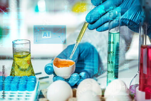 Gloved hands test egg yolk in a food lab, representing AI-assisted quality control, smart monitoring and data-driven food safety analysis.