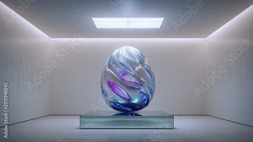 Futuristic egg-shaped sculpture in a minimalist white gallery space