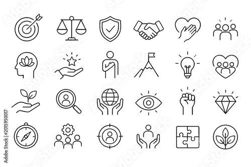 Leadership, Innovation and Teamwork Line Icons Set. Editable Outline Vector Illustration of Creativity, Vision, Strategy, Partnership, Security, Growth, Networking and Business Success Symbols