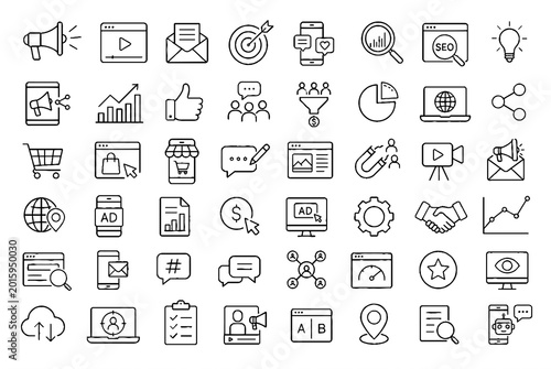Business Strategy and Digital Marketing Line Icons Set. Editable Outline Vector Illustration of Analytics, Finance, SEO, Workflow, Communication, Startup, Research, Online Shopping and Technology Symb