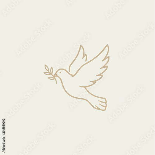 Dove silhouette carrying olive branch in peaceful style with neutral colors copy space