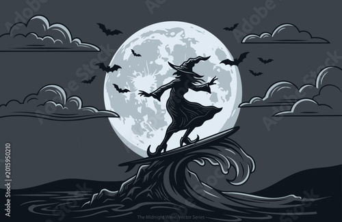 Billede på lærred Witch surfing on a wave under a full moon vintage vector illustration