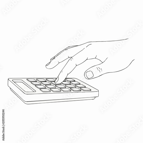 Hand using calculator to perform calculations on a plain background