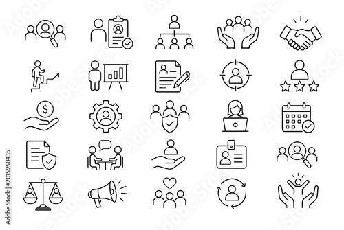 Human Resources and Teamwork Line Icons Set