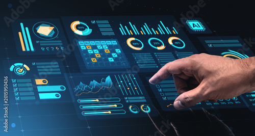Photos Interactive digital dashboard with hand operating futuristic data analytics interface on dark background for modern business concept