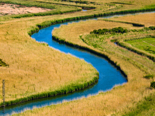 Aerial shot of meandering River Trent or Piddle through Salt Marsh and Reed beds near Poole, UK