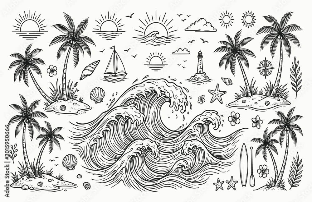 Obraz premium Tropical beach elements collection hand drawn line art illustration
