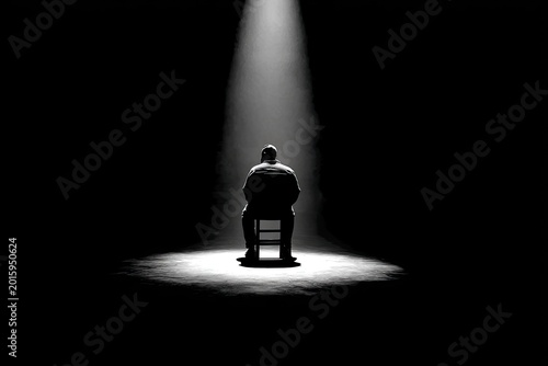 Solitary figure seated in a stark spotlight, casting a shadow against dark backdrop