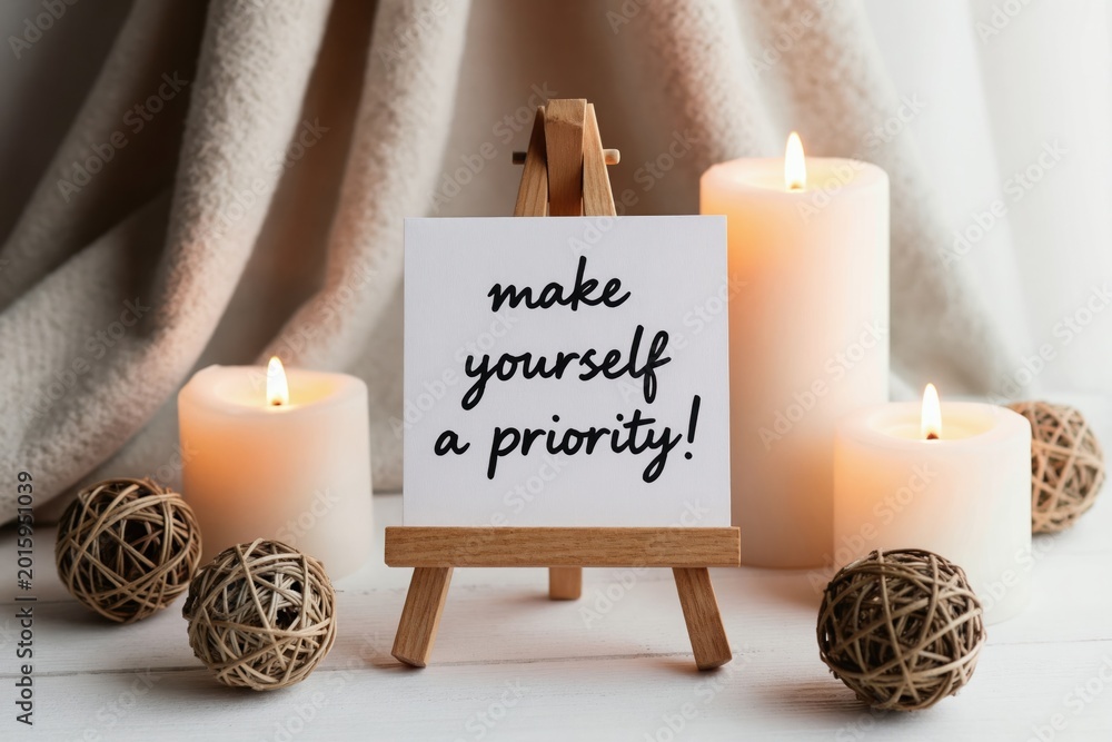 Fototapeta premium Cozy scene with lit candles and decorative balls. Text on easel says make yourself a priority. Represents self-care, motivation, and well-being themes.