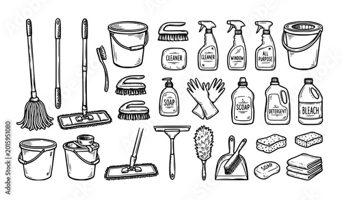 Schilderij op canvas Hand drawn cleaning tools sketch icon set with bucket mop and spray bottle vecto