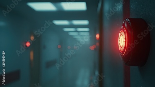 Dimly lit corridor with red glowing alarms and misty atmosphere