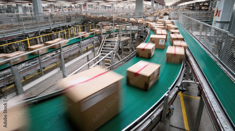 Fototapeta premium Automated conveyor system moving numerous cardboard packages through a warehouse