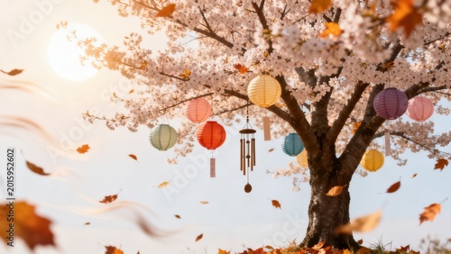 Cherry blossom tree with lanterns and wind chime