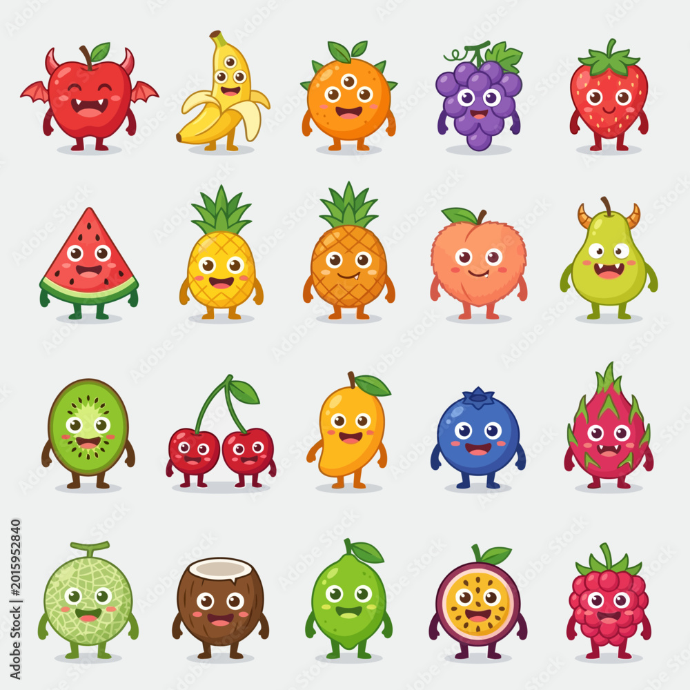 Obraz premium Collection of cute cartoon fruit characters with various expressions and features, including apple, banana, orange, grape, strawberry, and many more tropical fruits.
