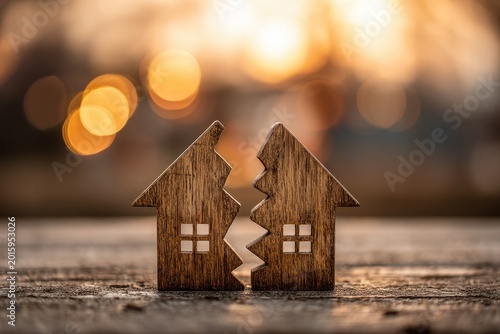Two halves of a wooden house symbol lie apart on a rustic surface