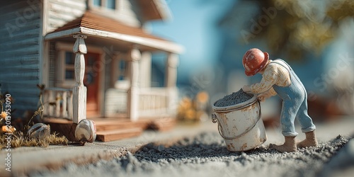 Miniature construction worker carries bucket of concrete to build house