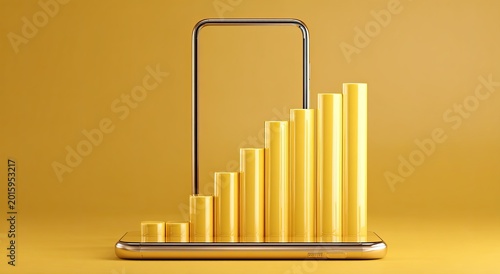 Golden bars ascending on a golden smartphone against a golden backdrop
