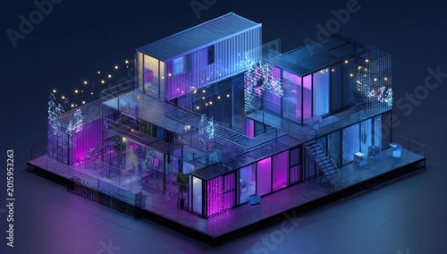 Modern modular housing unit with vibrant neon lighting and decorative plants