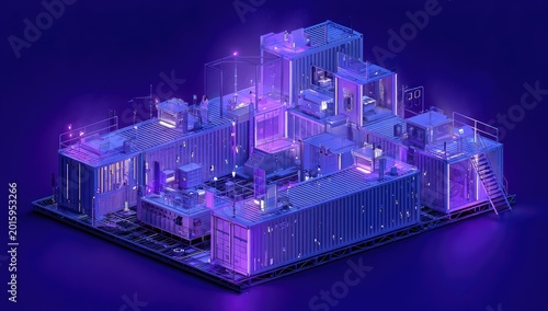 Isometric view of a modular complex constructed from shipping containers, bathed in neon purple light